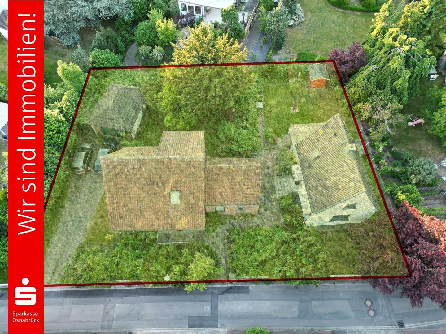 Drohnenaufnahme mit Abrissobjekt - Grundstück in 49082 Osnabrück mit 977m² kaufen