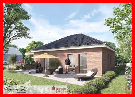 Rückansicht mit Terrasse und Garten - Bungalow in 26721 Emden mit 95m² kaufen