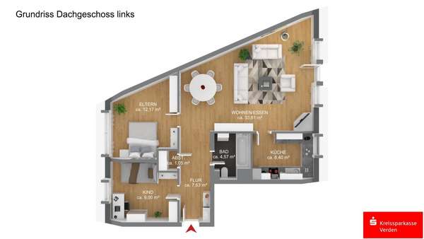 Grundriss Dachgeschoss links - Dachgeschosswohnung in 28870 Ottersberg mit 76m² kaufen