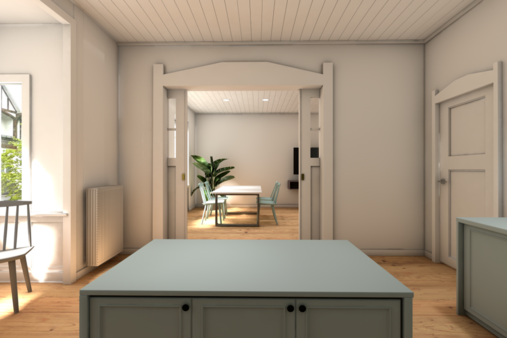 Blick von der Küche ins Wohnzimmer visualisiert - Etagenwohnung in 42655 Solingen mit 97m² kaufen