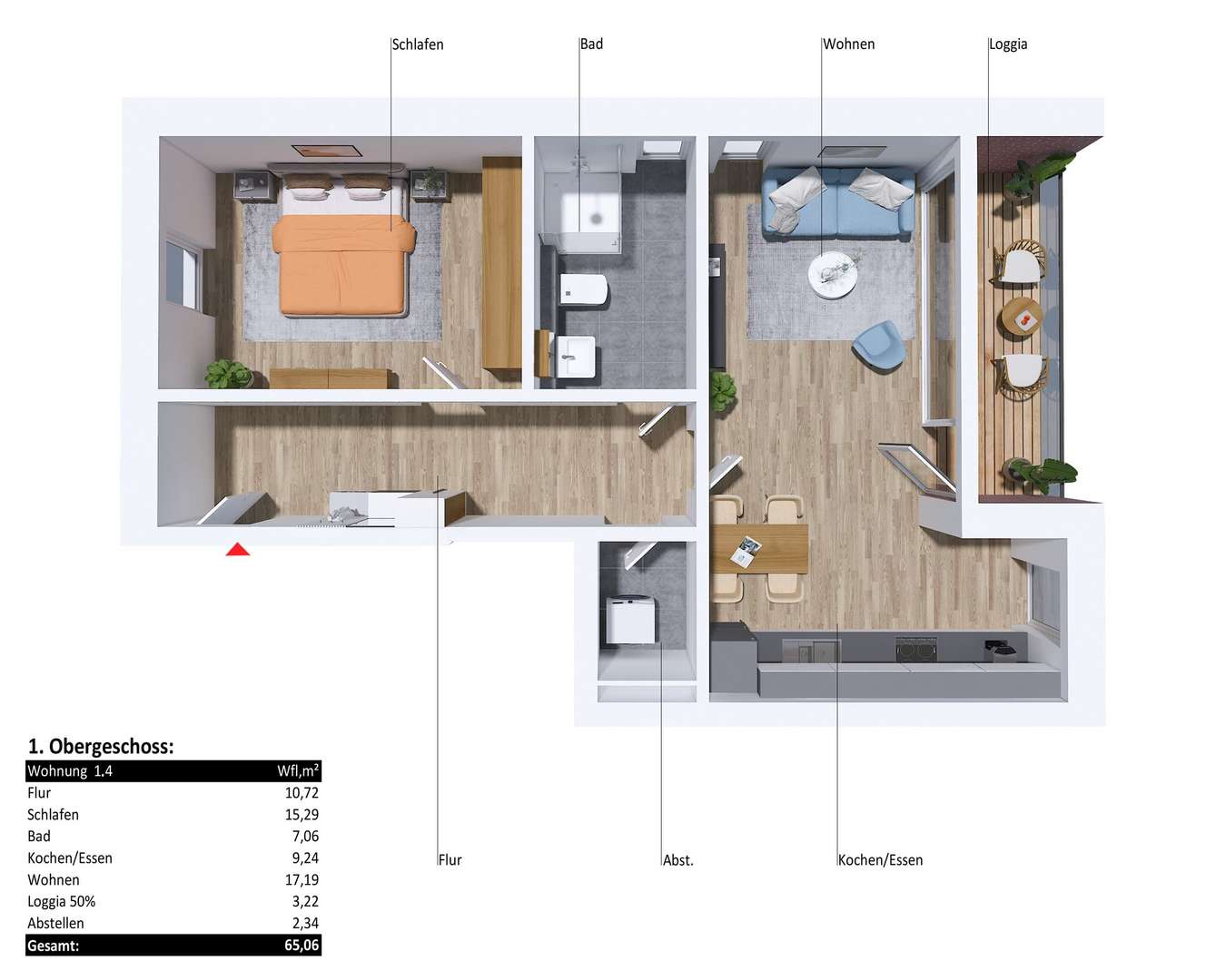 Grundrissvisualisierung 1.OG Wohnung 1.4 - Etagenwohnung in 48268 Greven mit 65m² kaufen