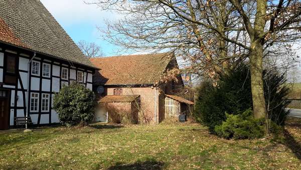 Vorderseite mit Blick auf Scheune Vorderseite mit Blick auf Scheune - Landhaus in 32657 Lemgo mit 330m² kaufen