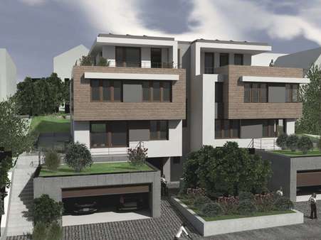 Visualisierung Ansicht von Westen, linkes Haus - Doppelhaushälfte in 79104 Freiburg mit 300m² kaufen