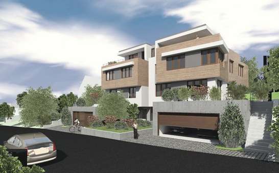 Visualisierung von Südwesten, linkes Haus - Doppelhaushälfte in 79104 Freiburg mit 300m² kaufen