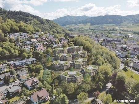 Luftbild mit visualisiertem Bauvorhaben - Etagenwohnung in 79183 Waldkirch mit 106m² kaufen