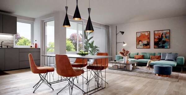Visualisierung Wohnen mit Küche - Dachgeschosswohnung in 79199 Kirchzarten mit 123m² kaufen