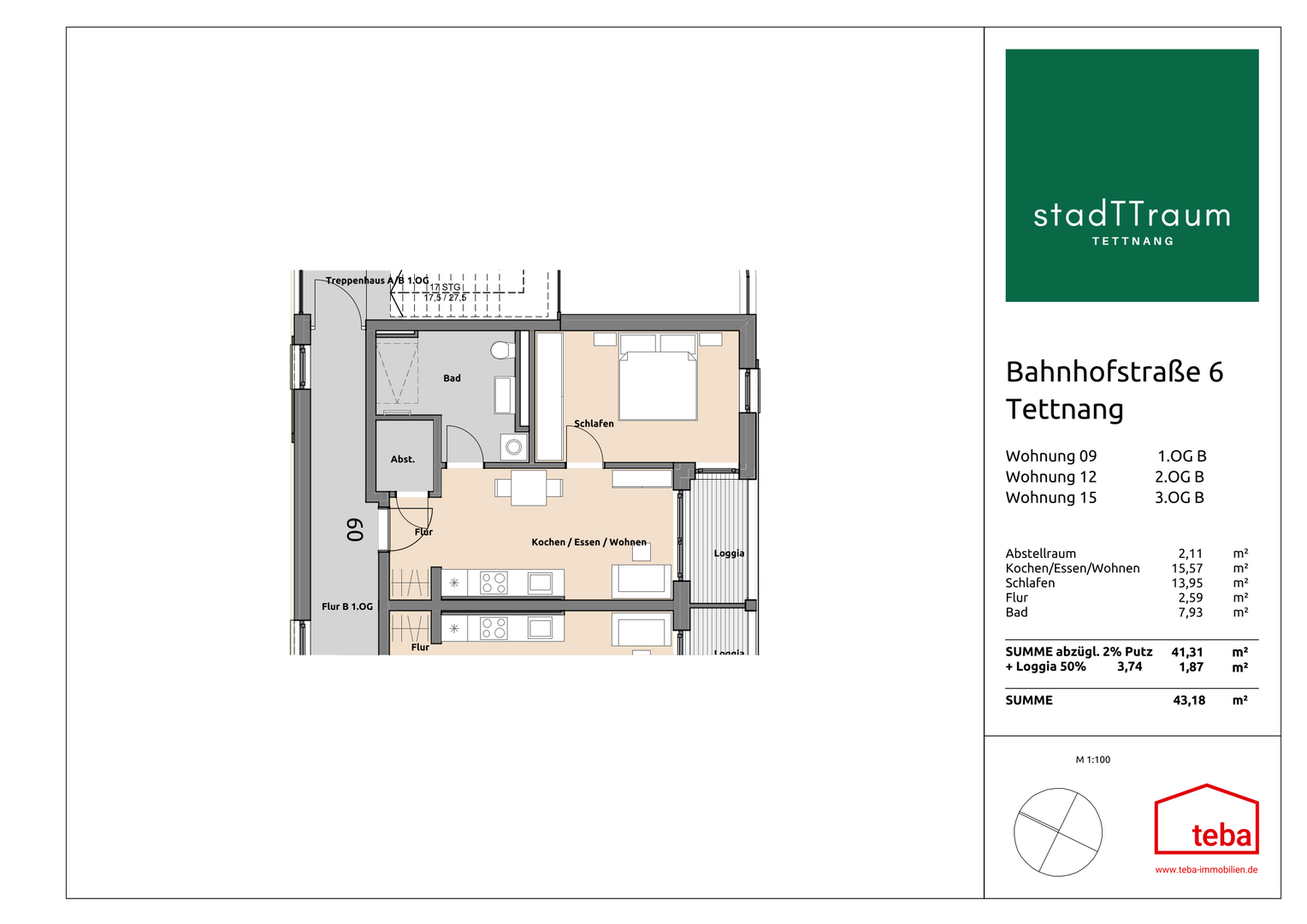 Grundriss Wohnung 1.OG B09 - Etagenwohnung in 88069 Tettnang mit 43m² kaufen