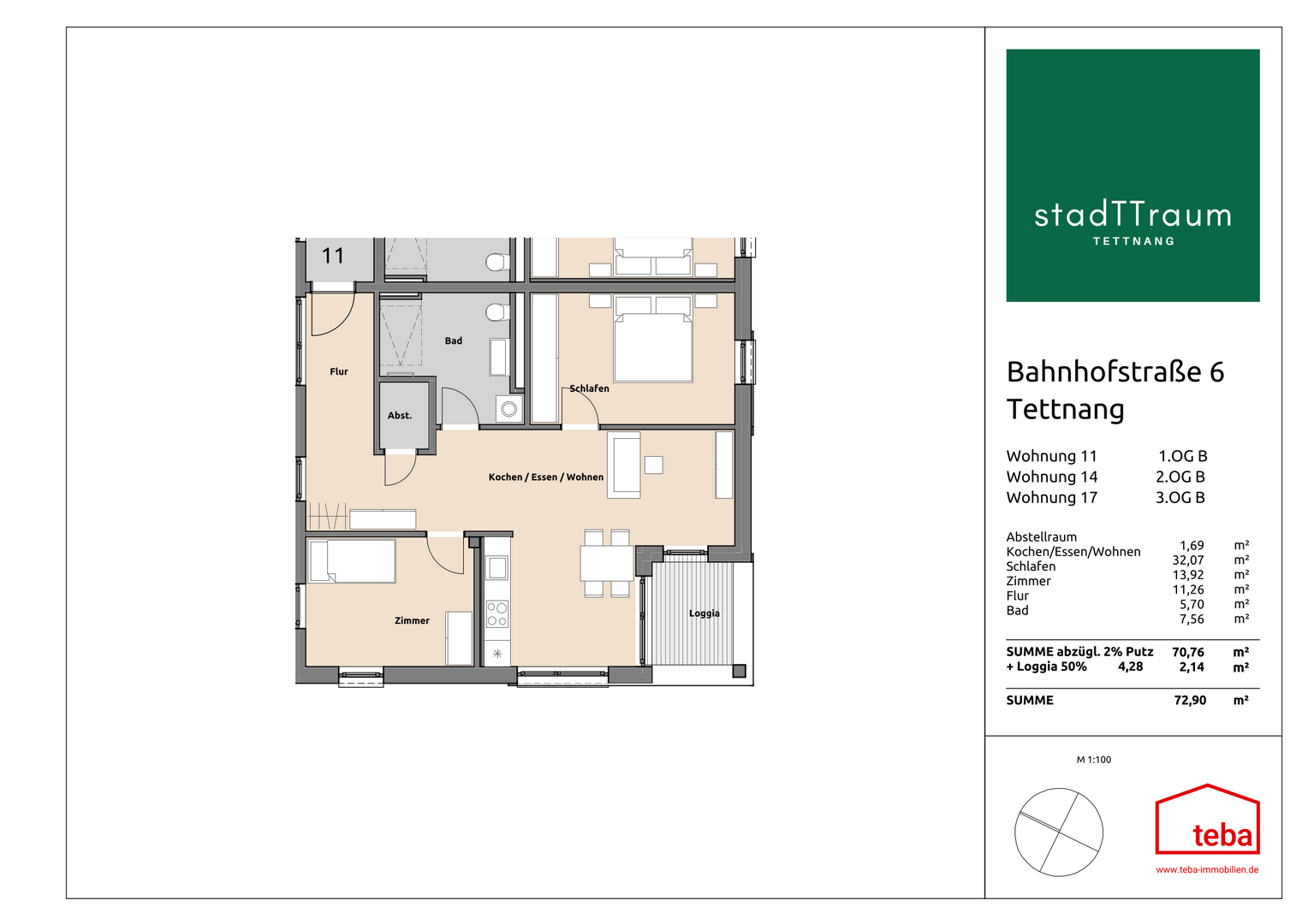 Grundriss Wohnung  2.OG B14 - Etagenwohnung in 88069 Tettnang mit 73m² kaufen