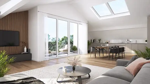 Neubau: Edle 3,5-Zimmer-Dachgeschosswohnung mit großer, sonniger Dachterrasse und großem Balkon 
