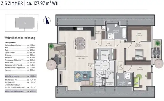 Neubau: Edle 3,5-Zimmer-Dachgeschosswohnung mit großer, sonniger Dachterrasse und großem Balkon 
