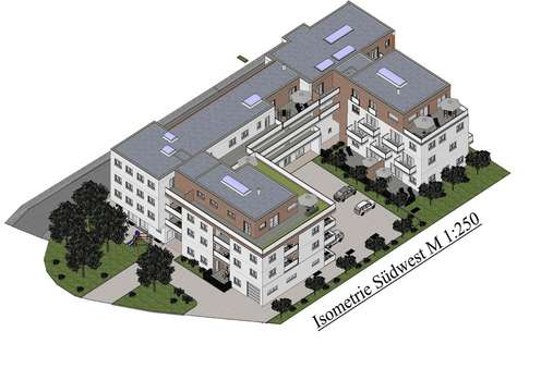 3D-Ansicht Süd-West inkl. Nachbargebäude - Erdgeschosswohnung in 83301 Traunreut mit 67m² kaufen