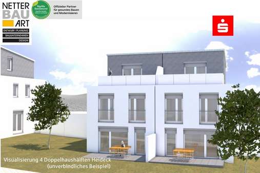 Visualisierung Garten Haus 3 + 4 mit Logo - Doppelhaushälfte in 91180 Heideck mit 148m² kaufen