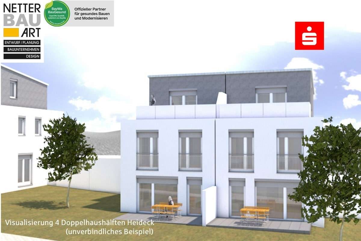 Visualisierung Garten Haus 3 + 4 mit Logo - Doppelhaushälfte in 91180 Heideck mit 142m² kaufen