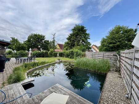 Blick in den Garten mit Naturschwimmteich Blick in den Garten mit Naturschwimmteich - Einfamilienhaus in 96103 Hallstadt mit 185m² kaufen