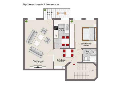 schematische Grundrissdarstellung mit Einrichtungsbeispielen schematische Grundrissdarstellung mit Einrichtungsbeispielen - Etagenwohnung in 39124 Magdeburg mit 79m² kaufen