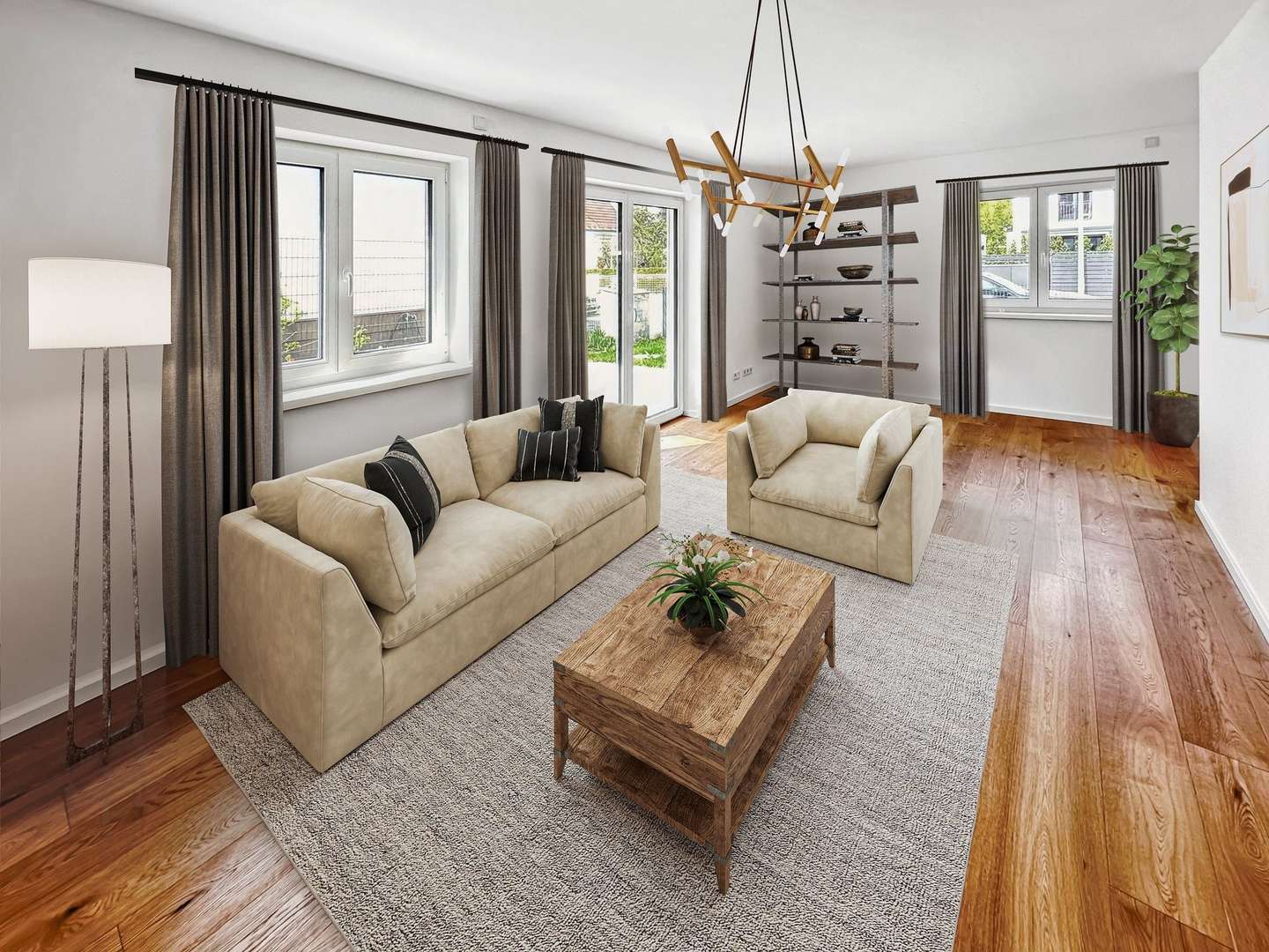 Wohnzimmer mir Möblierungsvorschlag - Erdgeschosswohnung in 80999 München mit 69m² kaufen