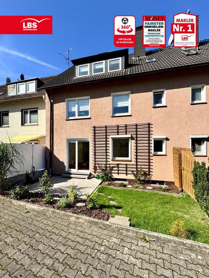 Rückansicht mit Terrasse und Gartenanteil Rückansicht mit Terrasse und Gartenanteil - Erdgeschosswohnung in 45525 Hattingen mit 59m² kaufen