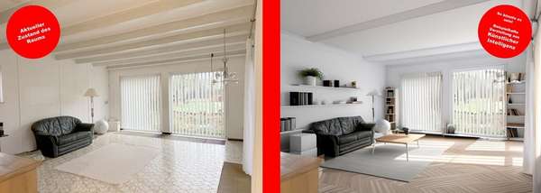 Wohnzimmer Ansicht 2 EG Original und KI-Vorschlag Wohnzimmer Ansicht 2 EG Original und KI-Vorschlag - Einfamilienhaus in 30419 Hannover mit 160m² kaufen
