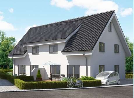 Südansicht mit Terrasse - Doppelhaushälfte in 33758 Schloß Holte-Stukenbrock mit 137m² kaufen