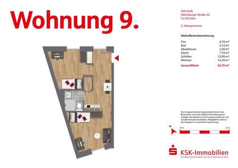 Grundriss ETW 9 - Etagenwohnung in 51105 Köln mit 43m² kaufen
