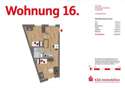 Grundriss ETW 16 - Etagenwohnung in 51105 Köln mit 43m² kaufen