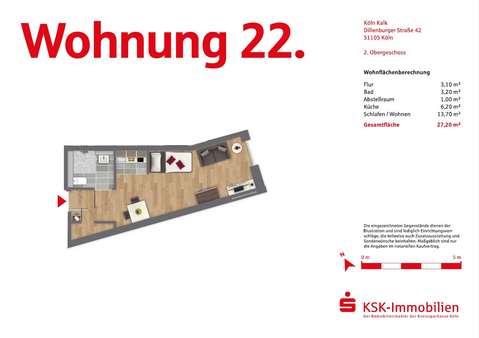 Grundriss ETW 22 - Etagenwohnung in 51105 Köln mit 27m² kaufen
