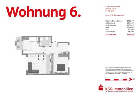 Grundriss Wohnung 6 - Etagenwohnung in 50765 Köln / Esch/Auweiler mit 69m² kaufen